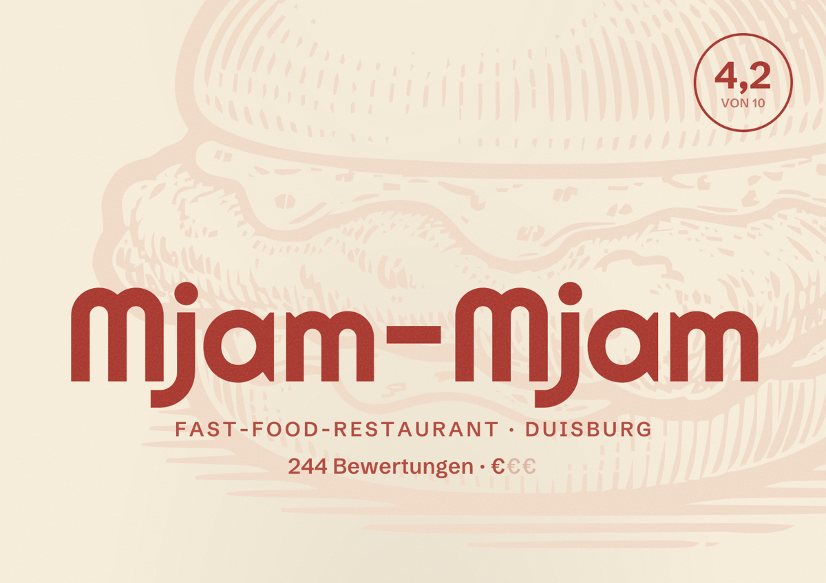 Illustriertes Poster von Mjam-Mjam, Fast-Food-Restaurant in Duisburg: Bewertung 4,2 von 10 aus 244 Bewertungen, Preisniveau €