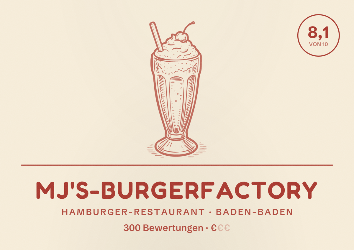 Illustriertes Poster von MJ's-BurgerFactory, Hamburger-Restaurant in Baden-Baden: Bewertung 8,1 von 10 aus 300 Bewertungen, Preisniveau €
