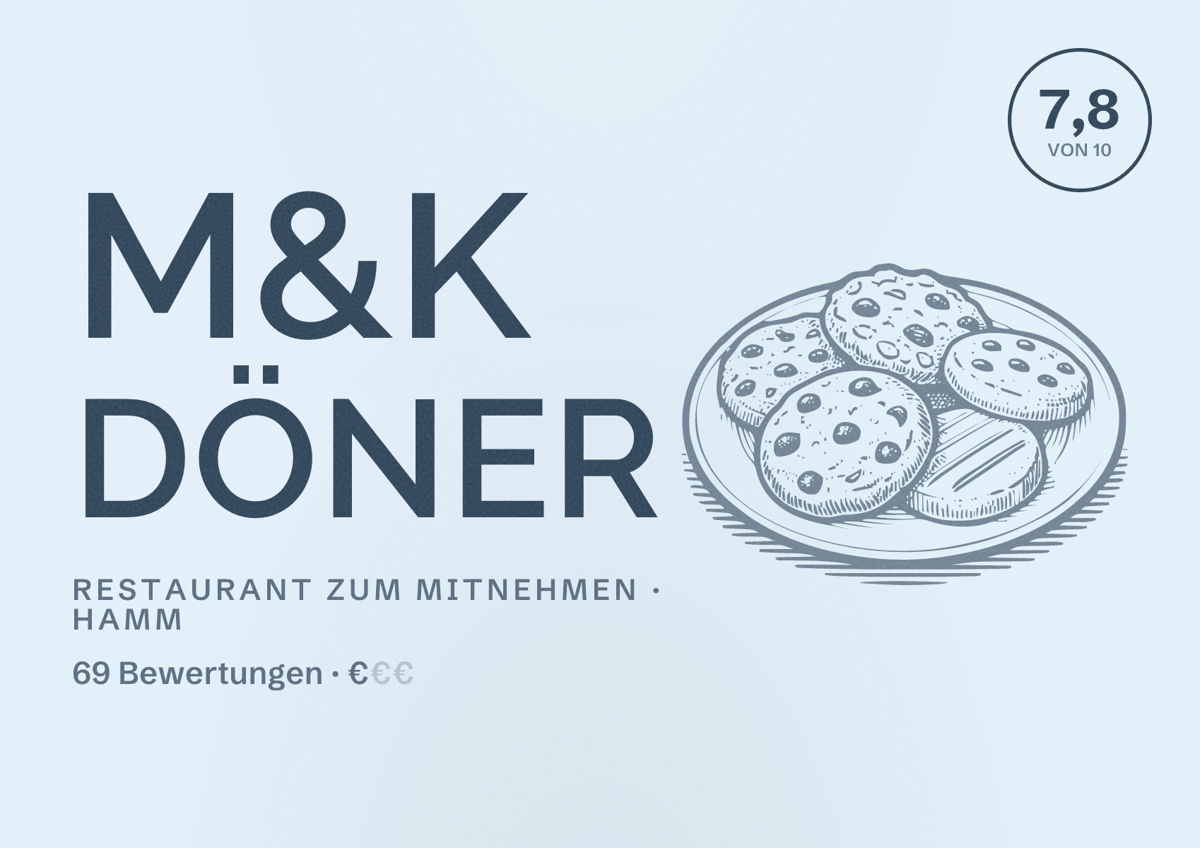 Illustriertes Poster von M&K Döner, Restaurant zum Mitnehmen in Hamm: Bewertung 7,8 von 10 aus 69 Bewertungen, Preisniveau €