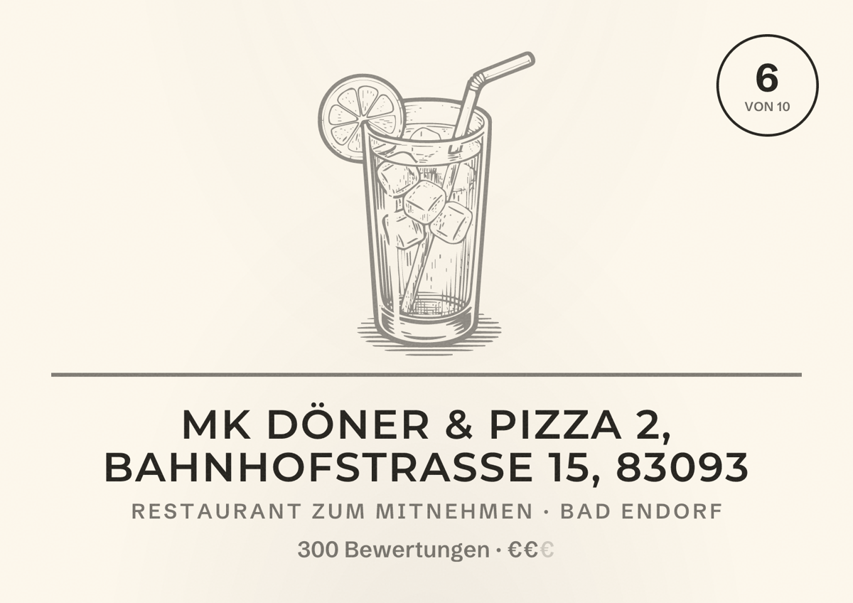 Illustriertes Poster von MK Döner & Pizza 2, Bahnhofstraße 15, 83093, Restaurant zum Mitnehmen in Bad Endorf: Bewertung 6 von 10 aus 300 Bewertungen, Preisniveau €€