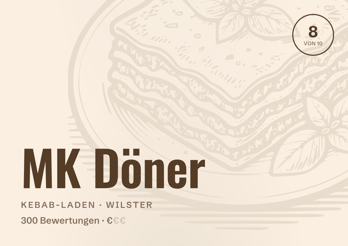 Illustriertes Poster von MK Döner, Kebab-Laden in Wilster: Bewertung 8 von 10 aus 300 Bewertungen, Preisniveau €