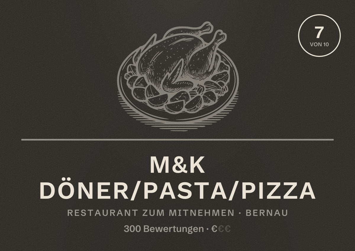 Illustriertes Poster von M&K Döner/Pasta/Pizza, Restaurant zum Mitnehmen in Bernau: Bewertung 7 von 10 aus 300 Bewertungen, Preisniveau €