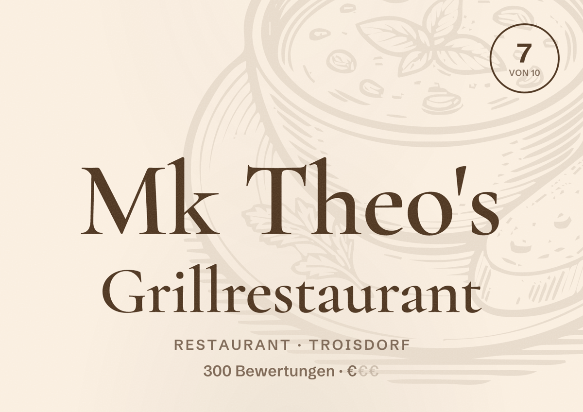 Illustriertes Poster von Mk Theo's Grillrestaurant, Restaurant in Troisdorf: Bewertung 7 von 10 aus 300 Bewertungen, Preisniveau €