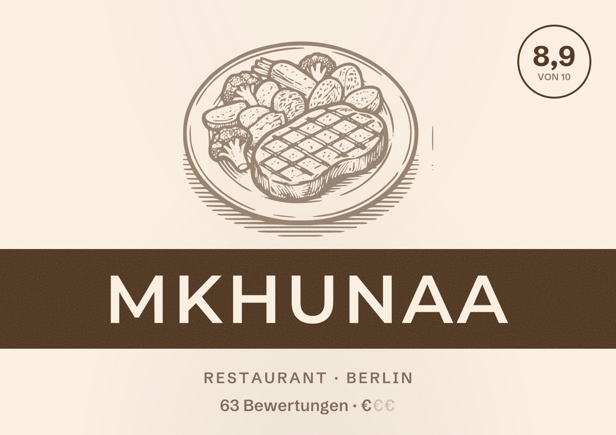 Illustriertes Poster von Mkhunaa, Restaurant in Berlin: Bewertung 8,9 von 10 aus 63 Bewertungen, Preisniveau €
