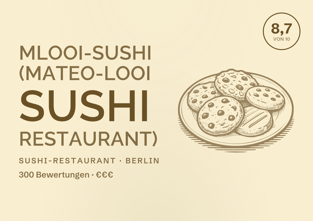 Illustriertes Poster von mlooi-sushi (Mateo-Looi Sushi Restaurant), Sushi-Restaurant in Berlin: Bewertung 8,7 von 10 aus 300 Bewertungen, Preisniveau €€€