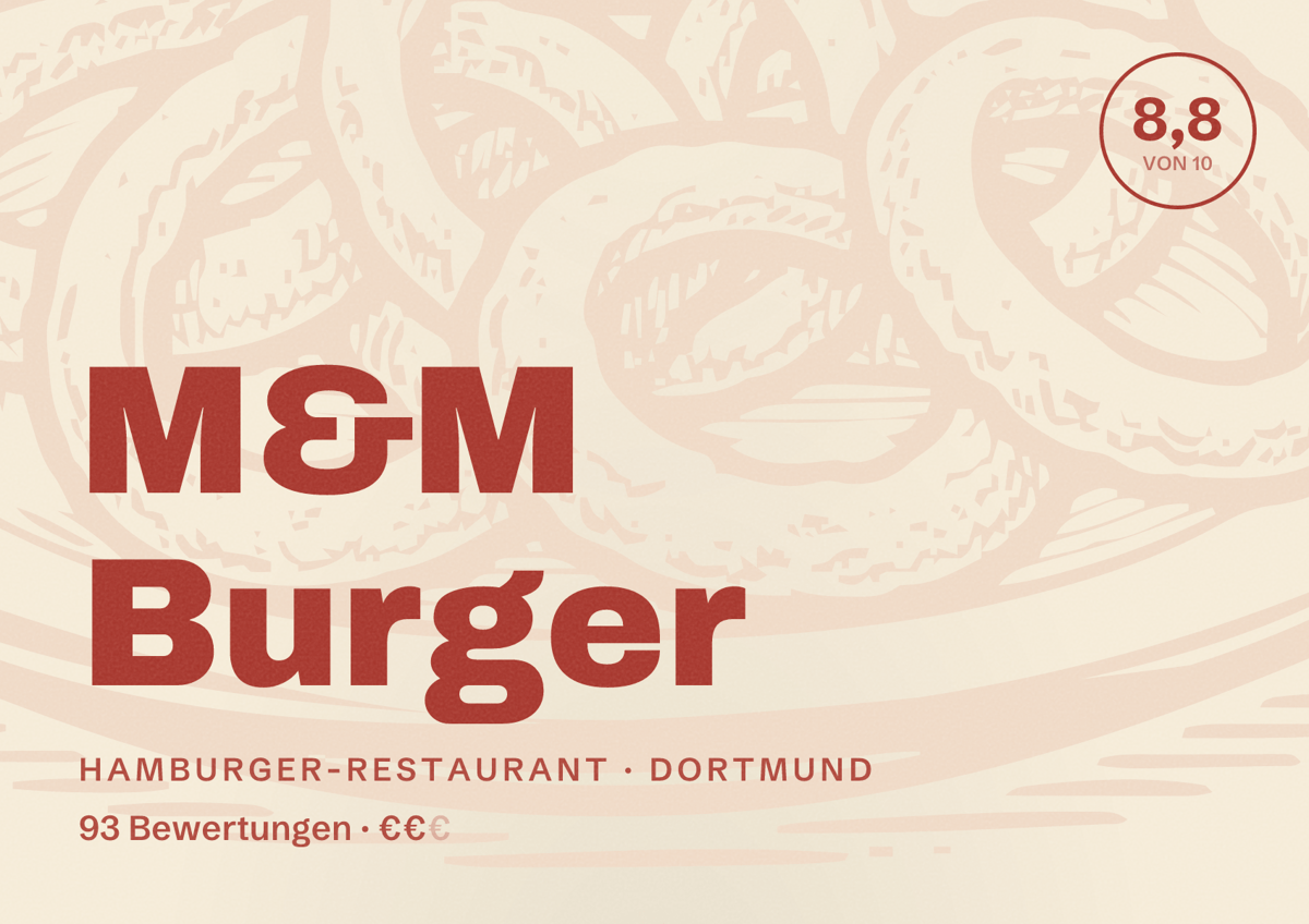 Illustriertes Poster von M&M Burger, Hamburger-Restaurant in Dortmund: Bewertung 8,8 von 10 aus 93 Bewertungen, Preisniveau €€