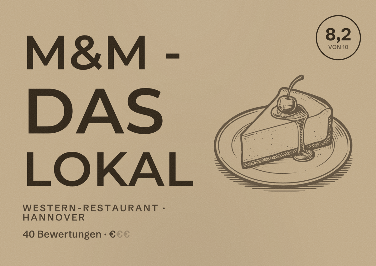 Illustriertes Poster von M&M - Das Lokal, Western-Restaurant in Hannover: Bewertung 8,2 von 10 aus 40 Bewertungen, Preisniveau €