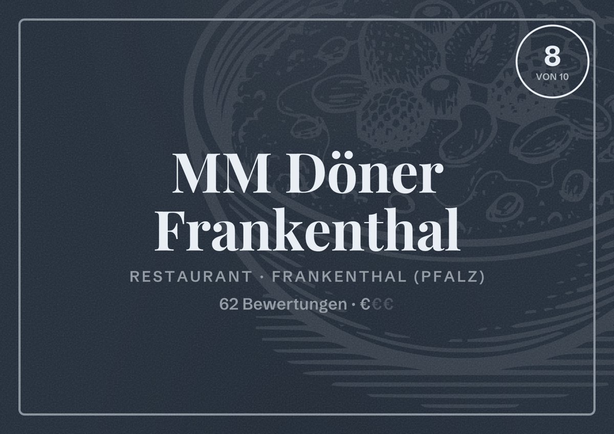Illustriertes Poster von MM Döner Frankenthal, Restaurant in Frankenthal (Pfalz): Bewertung 8 von 10 aus 62 Bewertungen, Preisniveau €