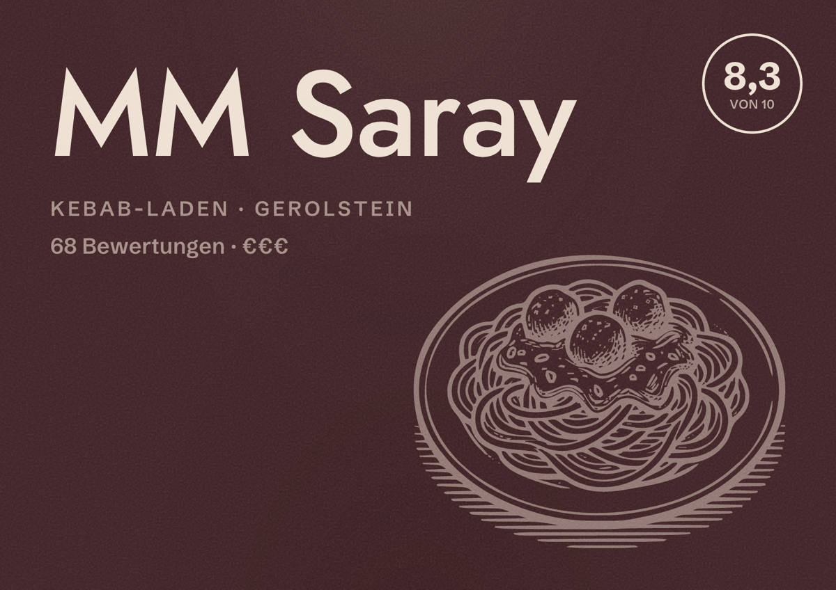 Illustriertes Poster von MM Saray, Kebab-Laden in Gerolstein: Bewertung 8,3 von 10 aus 68 Bewertungen, Preisniveau €€€