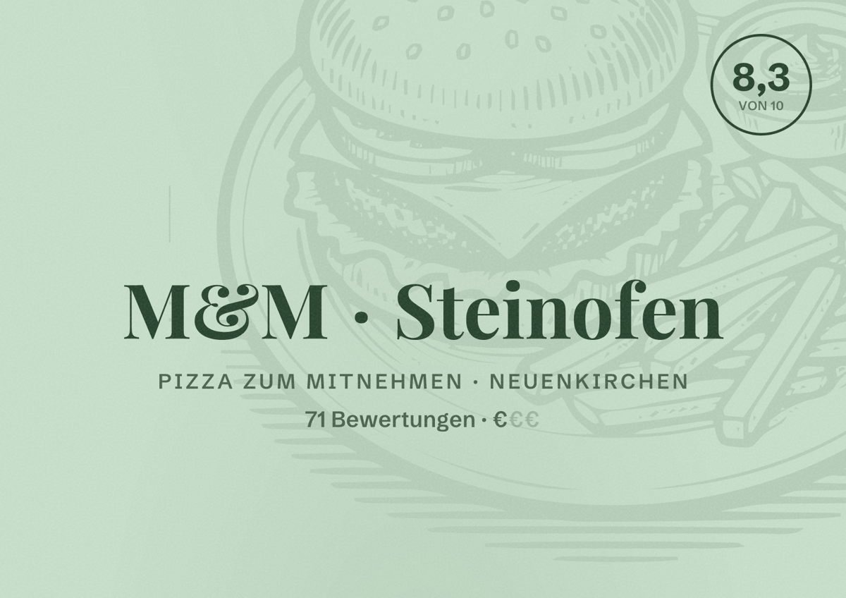 Illustriertes Poster von M&M Steinofen, Pizza zum Mitnehmen in Neuenkirchen: Bewertung 8,3 von 10 aus 71 Bewertungen, Preisniveau €