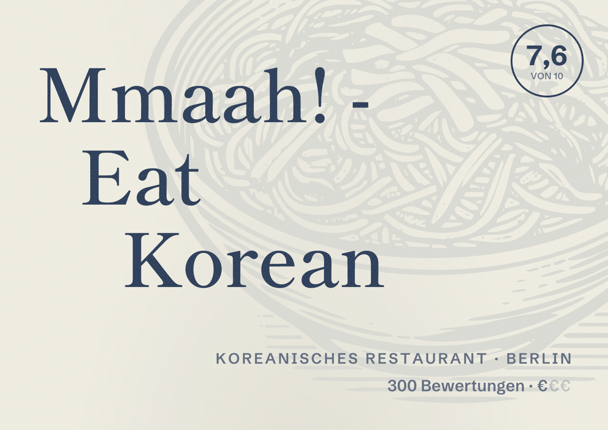 Illustriertes Poster von Mmaah! - Eat Korean, Koreanisches Restaurant in Berlin: Bewertung 7,6 von 10 aus 300 Bewertungen, Preisniveau €