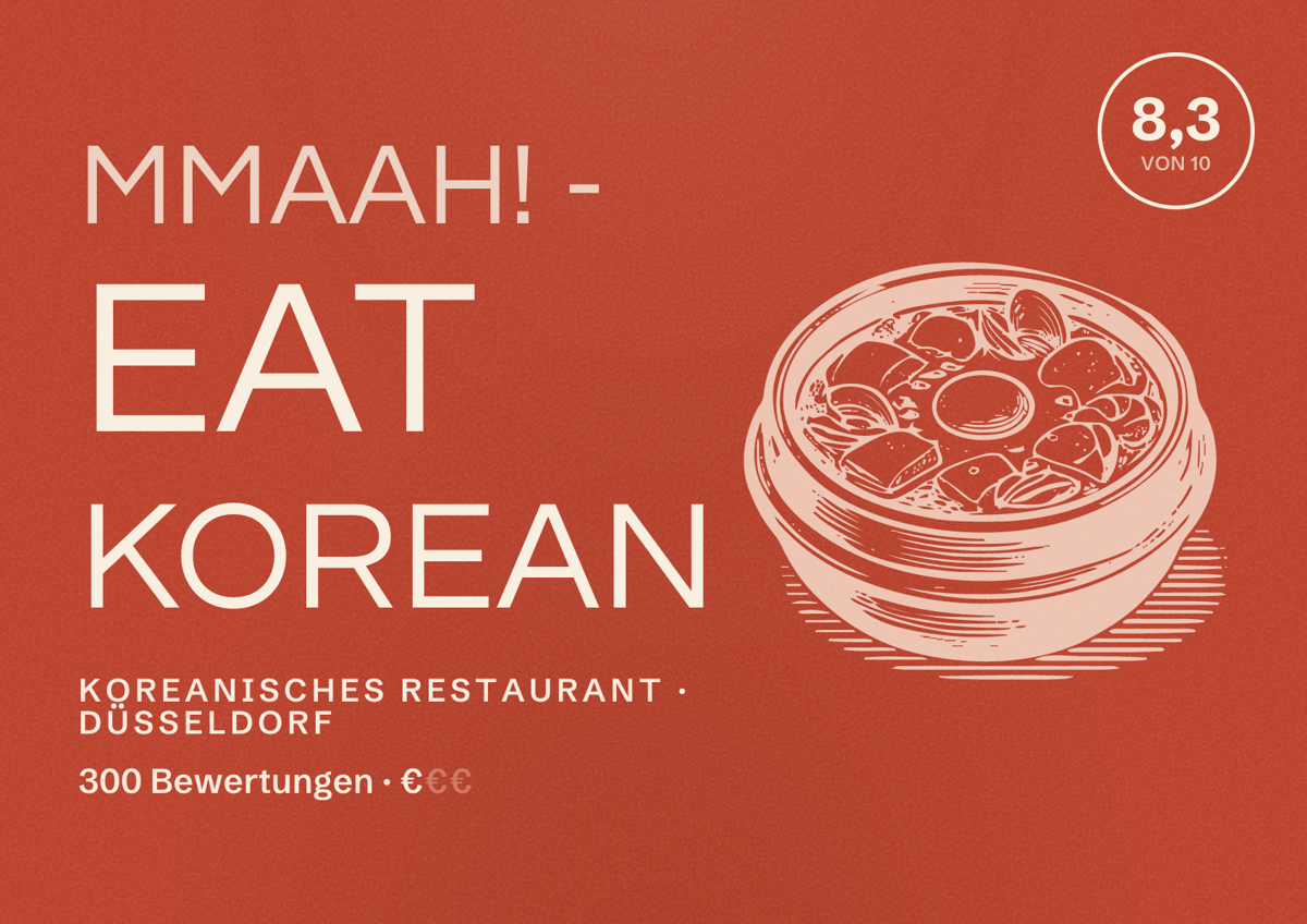 Illustriertes Poster von Mmaah! - Eat Korean, Koreanisches Restaurant in Düsseldorf: Bewertung 8,3 von 10 aus 300 Bewertungen, Preisniveau €