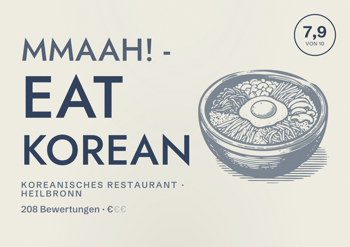 Illustriertes Poster von Mmaah! - Eat Korean, Koreanisches Restaurant in Heilbronn: Bewertung 7,9 von 10 aus 208 Bewertungen, Preisniveau €