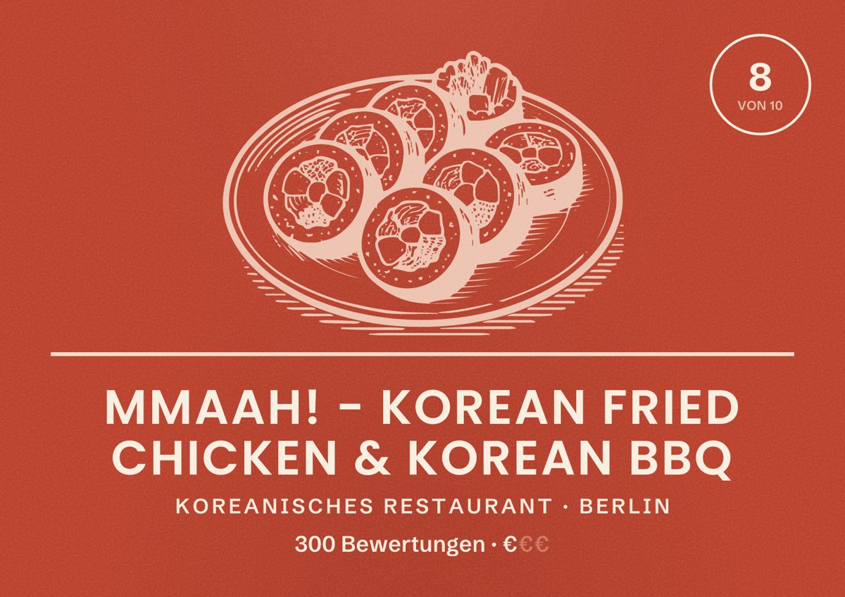 Illustriertes Poster von Mmaah! - Korean Fried Chicken & Korean BBQ, Koreanisches Restaurant in Berlin: Bewertung 8,0 von 10 aus 300 Bewertungen, Preisniveau €