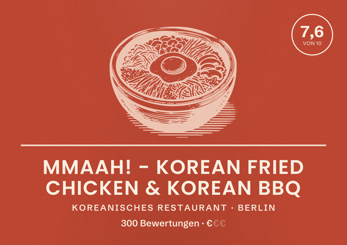 Illustriertes Poster von Mmaah! - Korean Fried Chicken & Korean BBQ, Koreanisches Restaurant in Berlin: Bewertung 7,6 von 10 aus 300 Bewertungen, Preisniveau €