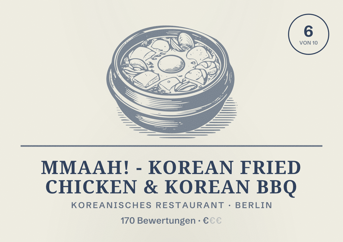 Illustriertes Poster von Mmaah! - Korean Fried Chicken & Korean BBQ, Koreanisches Restaurant in Berlin: Bewertung 6,0 von 10 aus 170 Bewertungen, Preisniveau €
