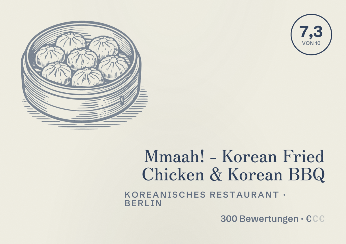 Illustriertes Poster von Mmaah! - Korean Fried Chicken & Korean BBQ, Koreanisches Restaurant in Berlin: Bewertung 7,3 von 10 aus 300 Bewertungen, Preisniveau €