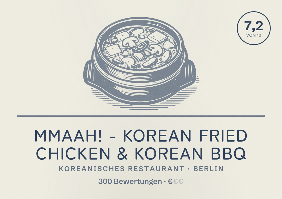 Illustriertes Poster von Mmaah! - Korean Fried Chicken & Korean BBQ, Koreanisches Restaurant in Berlin: Bewertung 7,2 von 10 aus 300 Bewertungen, Preisniveau €