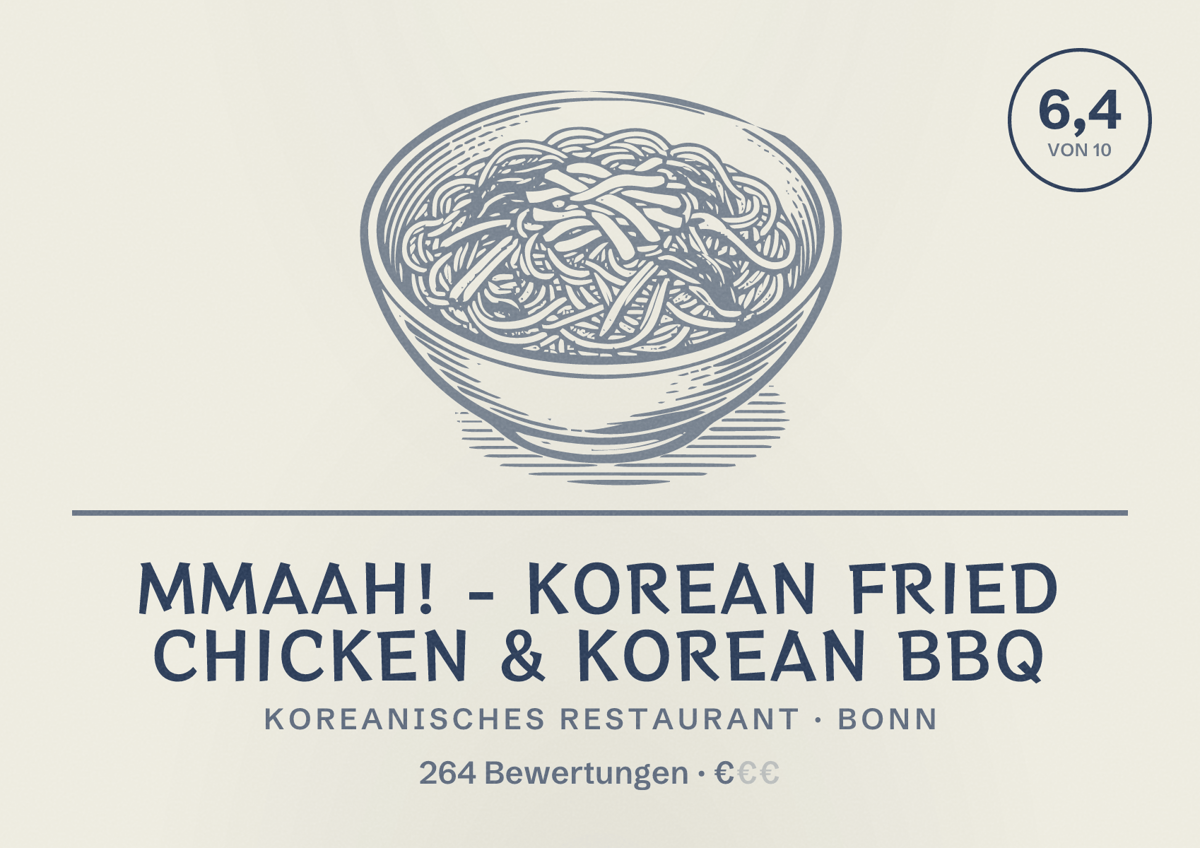 Illustriertes Poster von Mmaah! - Korean Fried Chicken & Korean BBQ, Koreanisches Restaurant in Bonn: Bewertung 6,4 von 10 aus 264 Bewertungen, Preisniveau €