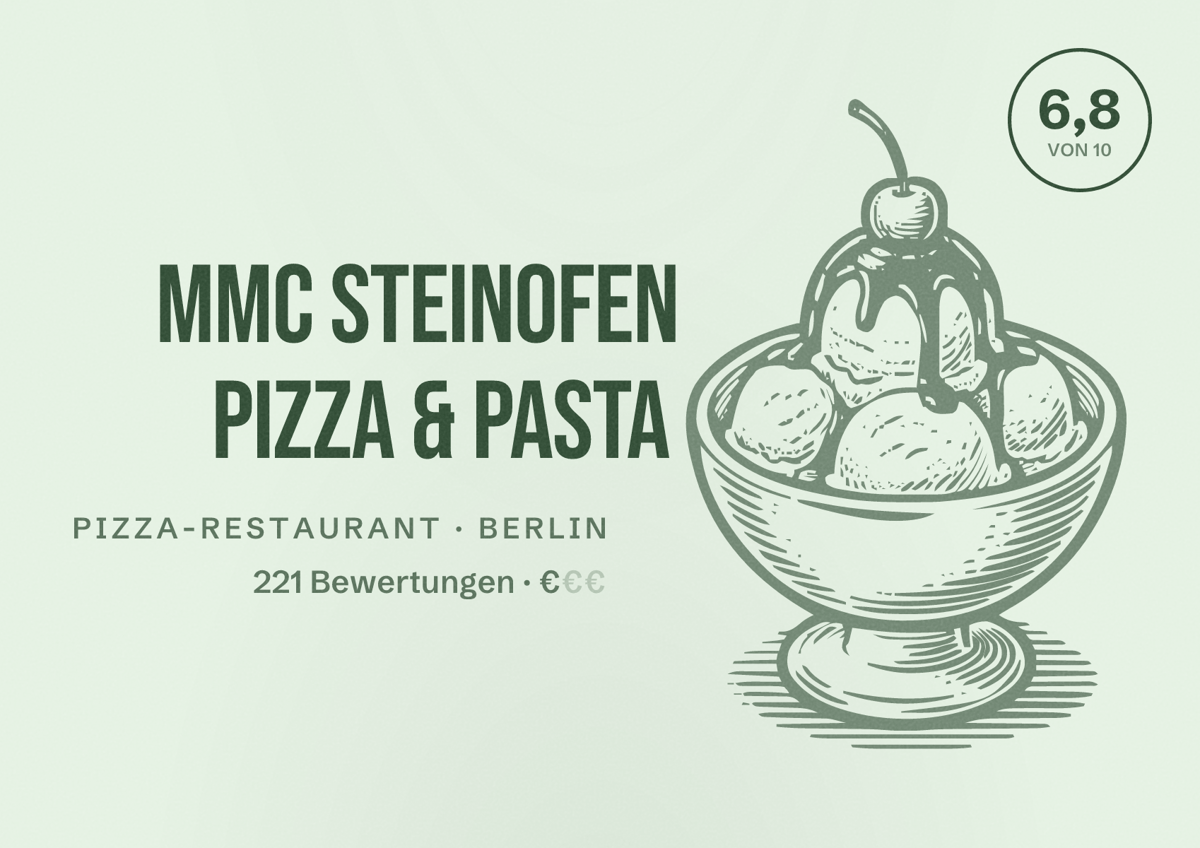 Illustriertes Poster von MMC steinofen Pizza & Pasta, Pizza-Restaurant in Berlin: Bewertung 6,8 von 10 aus 221 Bewertungen, Preisniveau €