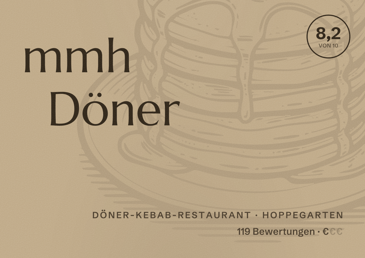 Illustriertes Poster von mmh Döner, Döner-Kebab-Restaurant in Hoppegarten: Bewertung 8,2 von 10 aus 119 Bewertungen, Preisniveau €