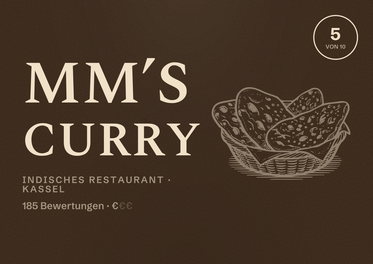 Illustriertes Poster von MM’s Curry, Indisches Restaurant in Kassel: Bewertung 5 von 10 aus 185 Bewertungen, Preisniveau €