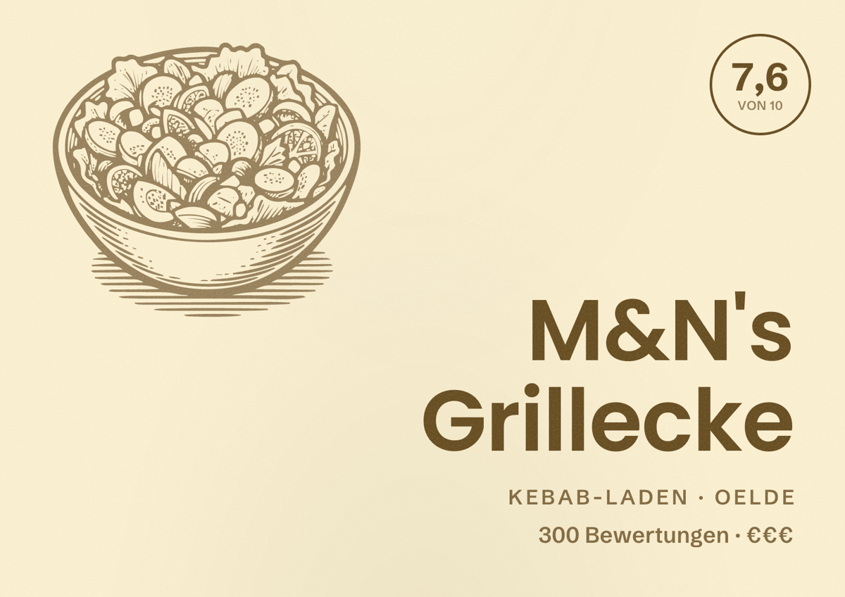 Illustriertes Poster von M&N's Grillecke, Kebab-Laden in Oelde: Bewertung 7,6 von 10 aus 300 Bewertungen, Preisniveau €€€