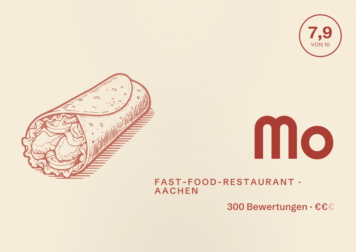 Illustriertes Poster von Mo, Fast-Food-Restaurant in Aachen: Bewertung 7,9 von 10 aus 300 Bewertungen, Preisniveau €€