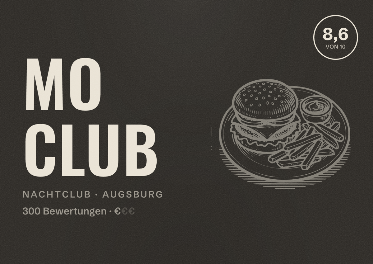 Illustriertes Poster von Mo Club, Nachtclub in Augsburg: Bewertung 8,6 von 10 aus 300 Bewertungen, Preisniveau €