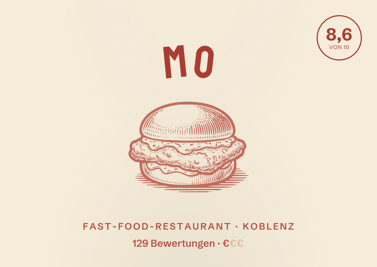 Illustriertes Poster von MO, Fast-Food-Restaurant in Koblenz: Bewertung 8,6 von 10 aus 129 Bewertungen, Preisniveau €