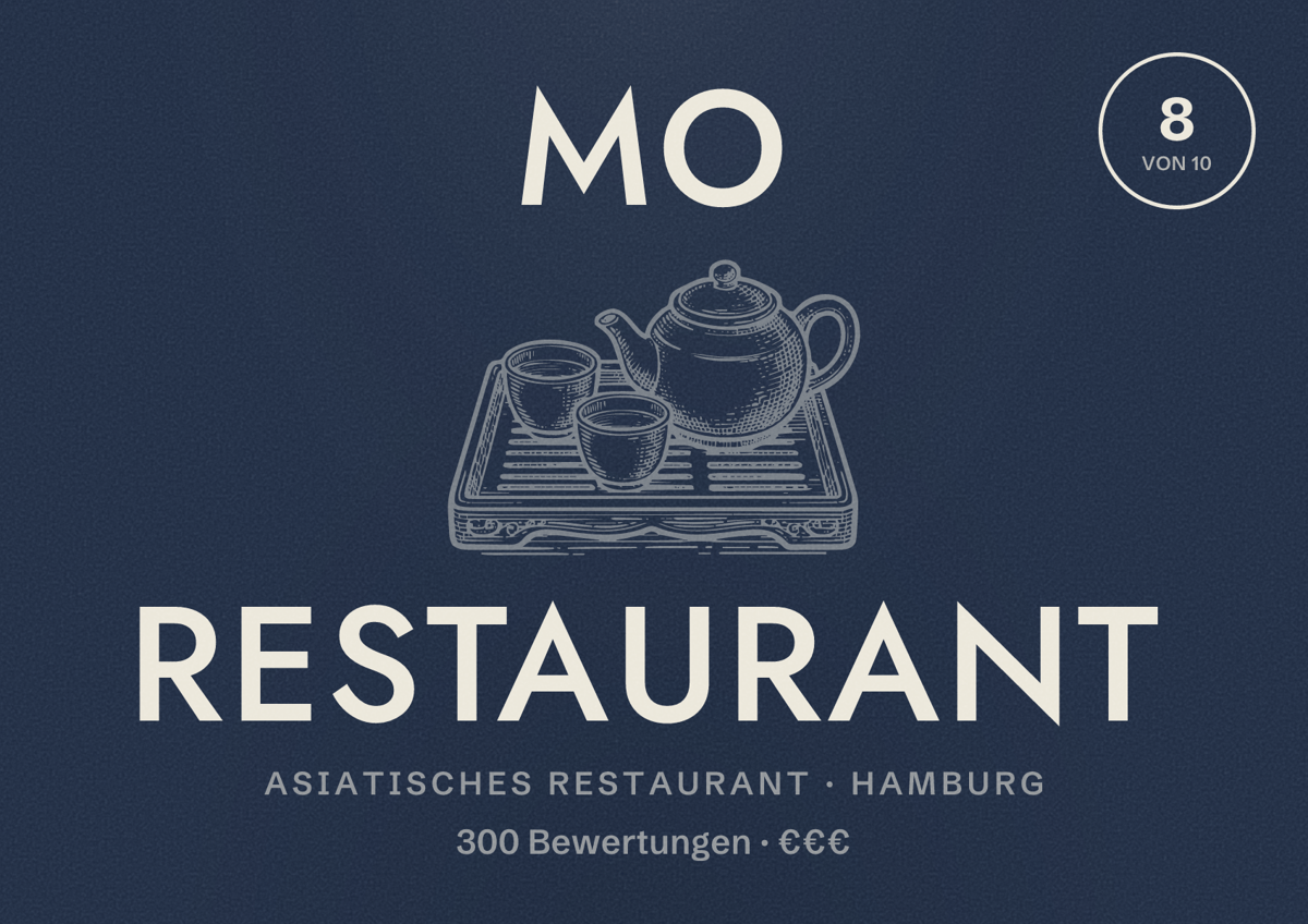 Illustriertes Poster von MO Restaurant, Asiatisches Restaurant in Hamburg: Bewertung 8,0 von 10 aus 300 Bewertungen, Preisniveau €€€