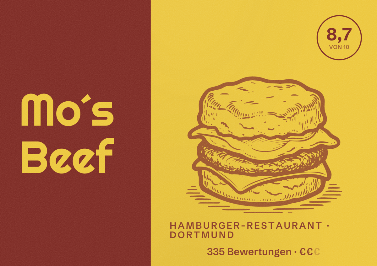 Illustriertes Poster von Mo´s Beef, Hamburger-Restaurant in Dortmund: Bewertung 8,7 von 10 aus 335 Bewertungen, Preisniveau €€