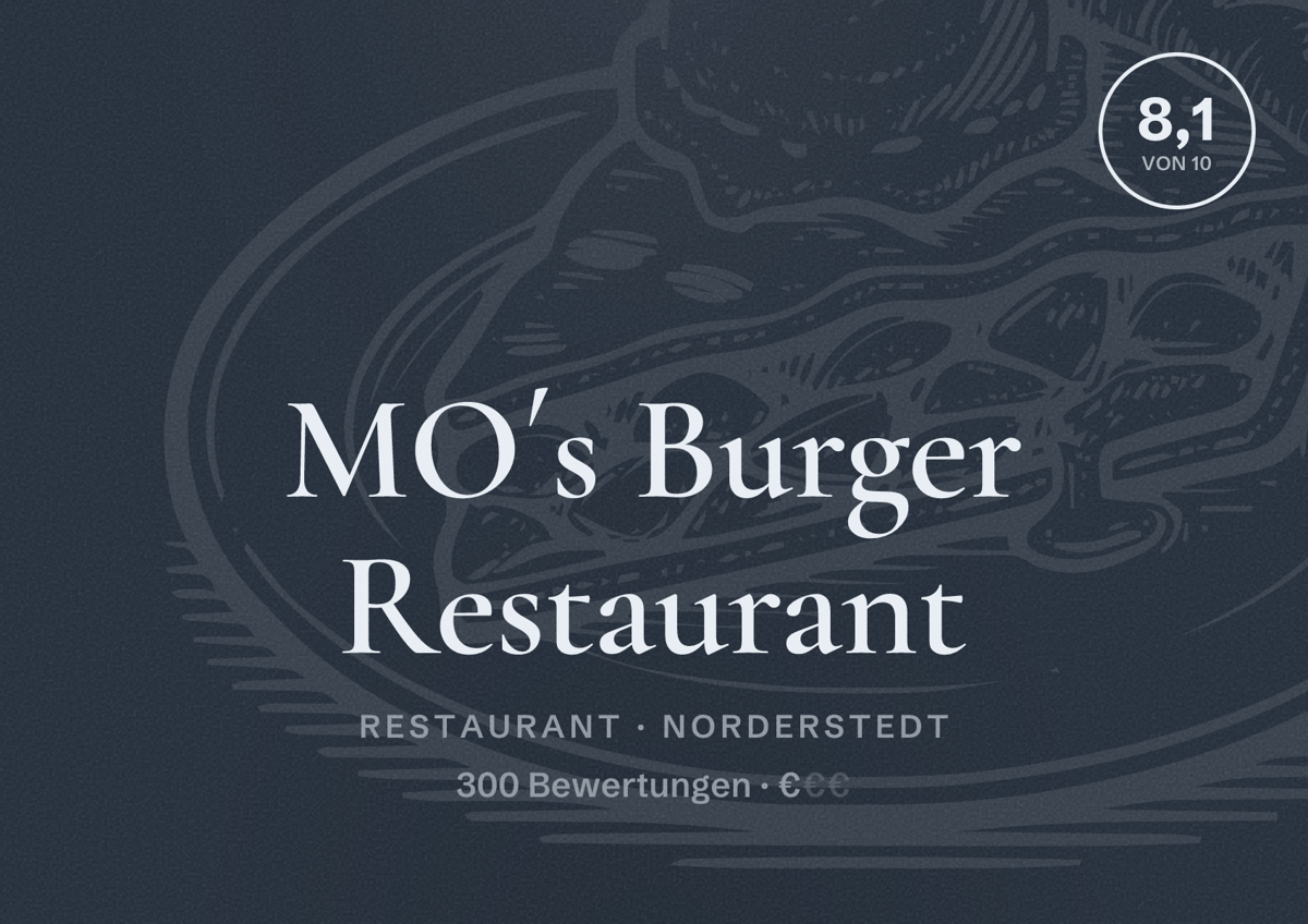 Illustriertes Poster von MO´s Burger Restaurant, Restaurant in Norderstedt: Bewertung 8,1 von 10 aus 300 Bewertungen, Preisniveau €
