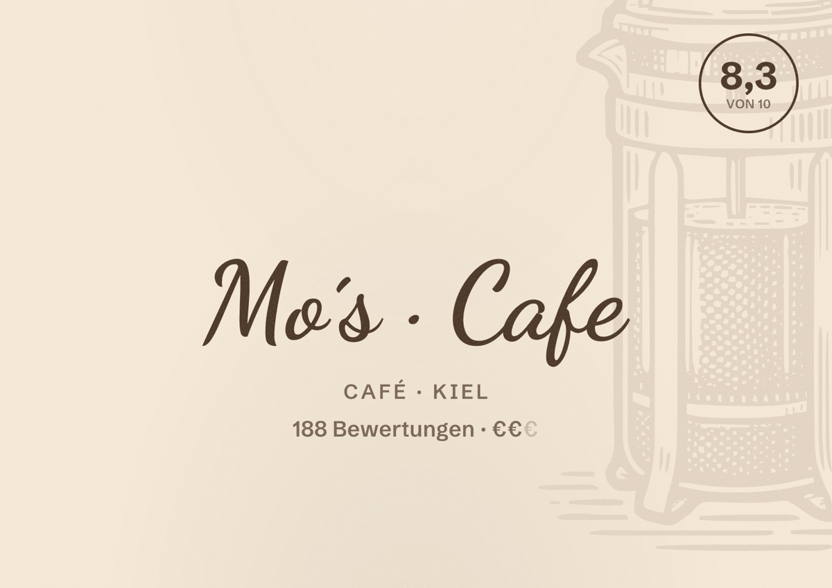 Illustriertes Poster von Mo´s Cafe, Café in Kiel: Bewertung 8,3 von 10 aus 188 Bewertungen, Preisniveau €€