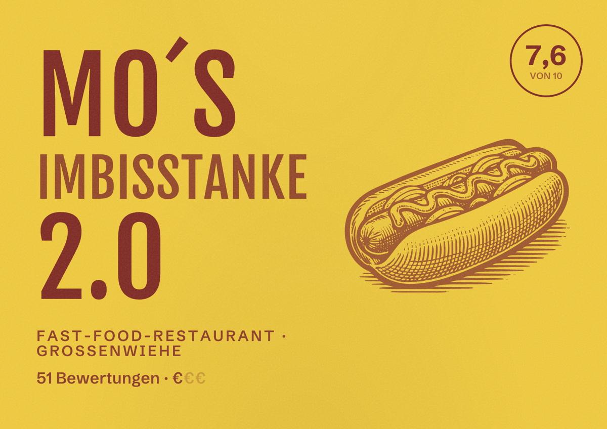 Illustriertes Poster von Mo´s Imbisstanke 2.0, Fast-Food-Restaurant in Großenwiehe: Bewertung 7,6 von 10 aus 51 Bewertungen, Preisniveau €
