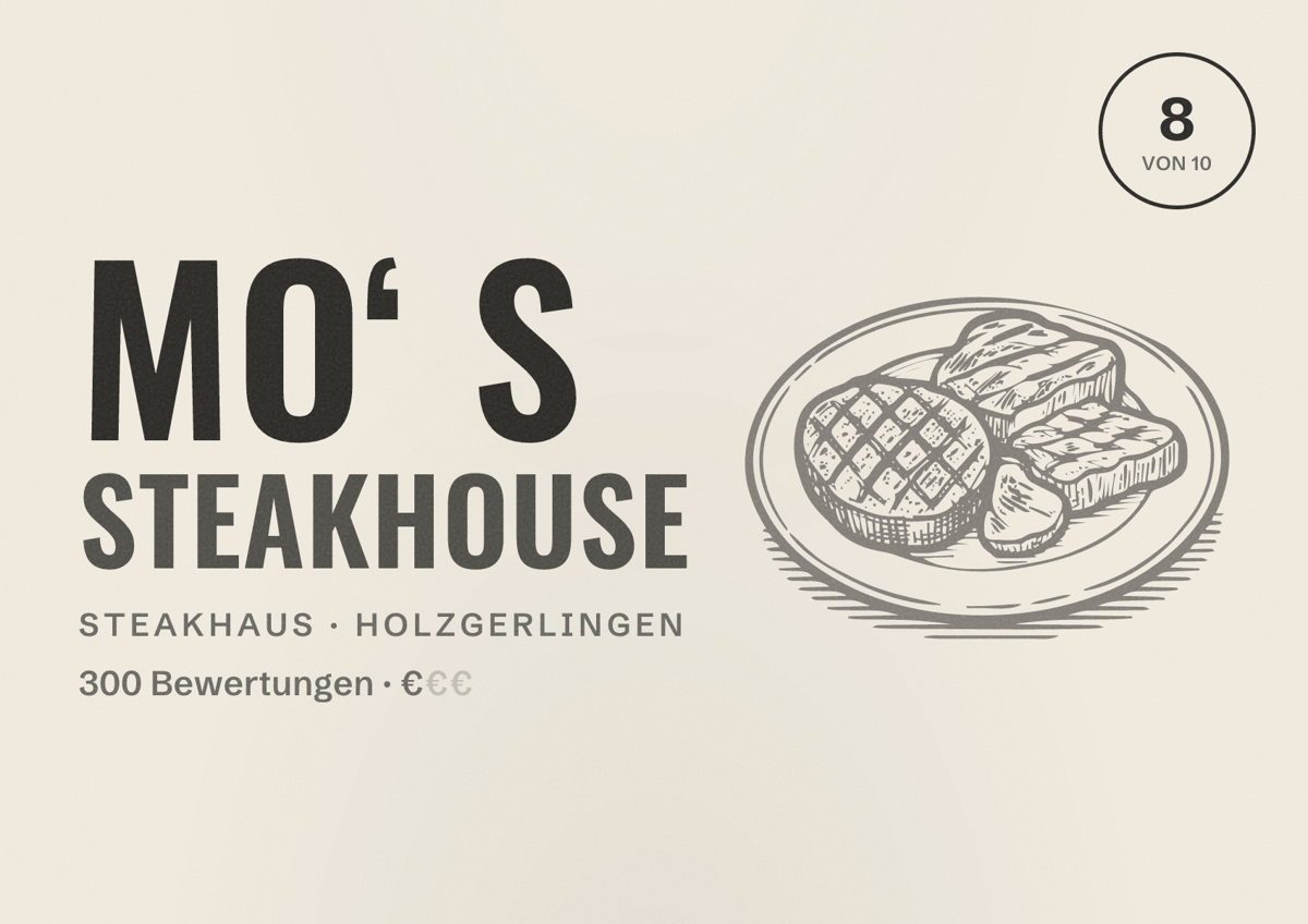 Illustriertes Poster von MO‘ s Steakhouse, Steakhaus in Holzgerlingen: Bewertung 8 von 10 aus 300 Bewertungen, Preisniveau €