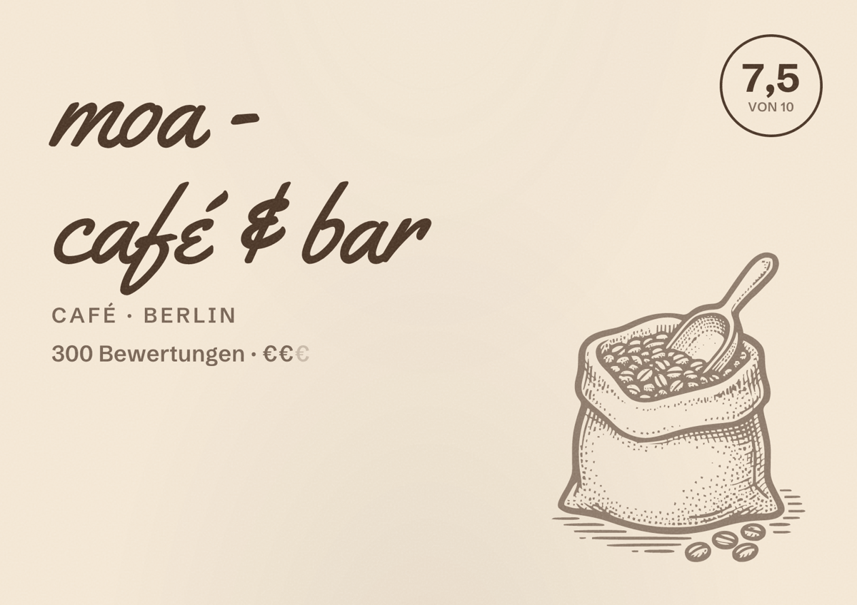 Illustriertes Poster von moa - café & bar, Café in Berlin: Bewertung 7,5 von 10 aus 300 Bewertungen, Preisniveau €€