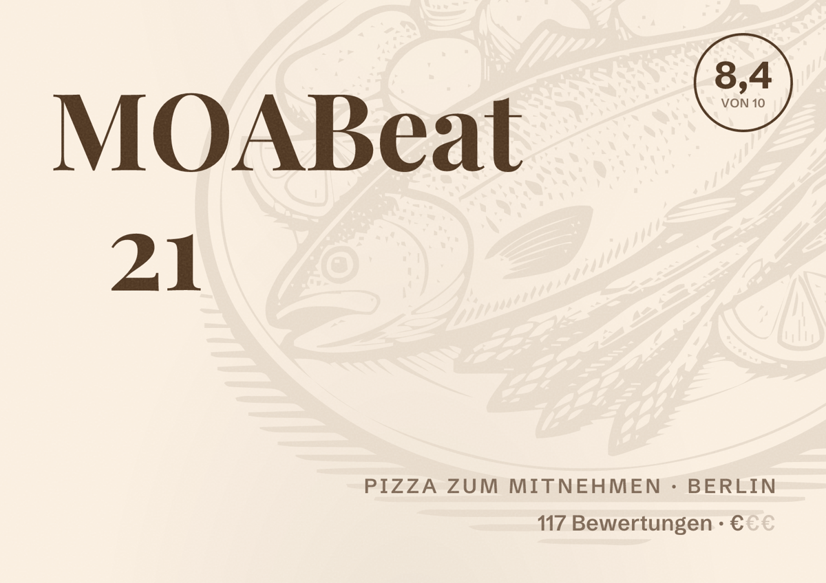 Illustriertes Poster von MOABeat 21, Pizza zum Mitnehmen in Berlin: Bewertung 8,4 von 10 aus 117 Bewertungen, Preisniveau €