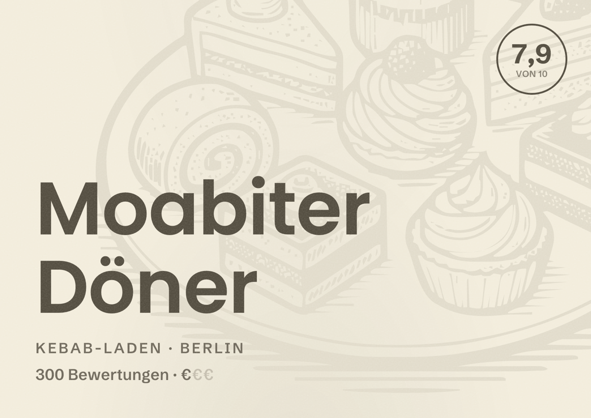 Illustriertes Poster von Moabiter Döner, Kebab-Laden in Berlin: Bewertung 7,9 von 10 aus 300 Bewertungen, Preisniveau €