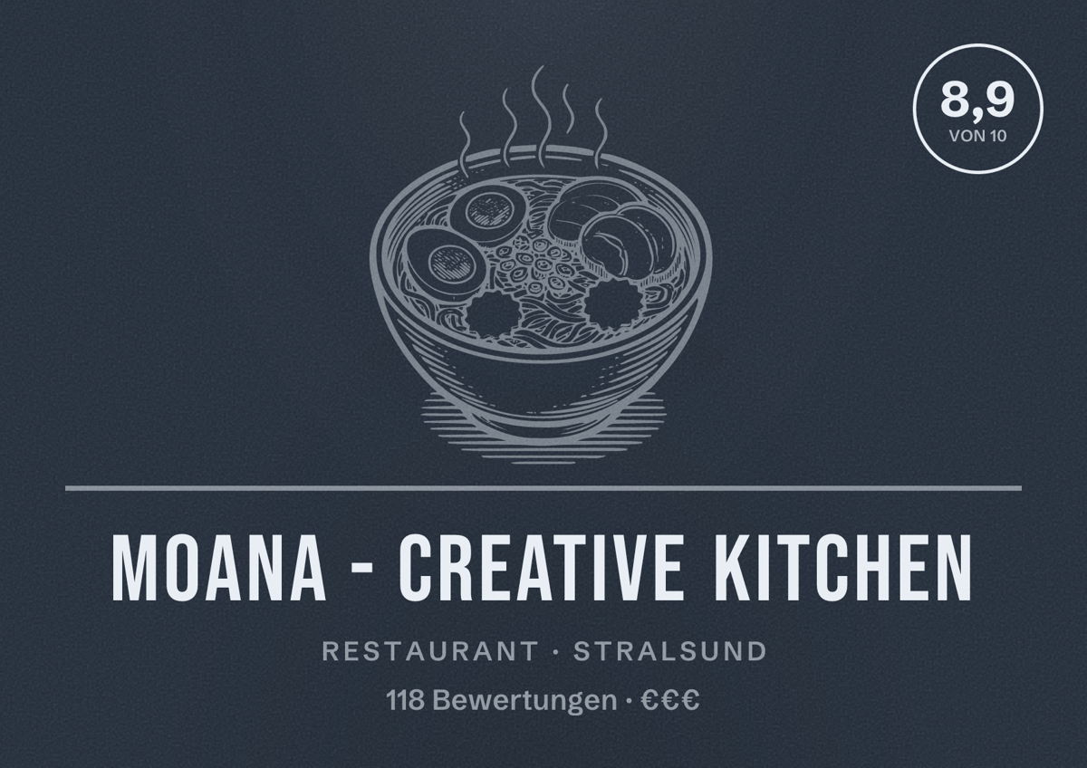 Illustriertes Poster von MOANA - Creative Kitchen, Restaurant in Stralsund: Bewertung 8,9 von 10 aus 118 Bewertungen, Preisniveau €€€