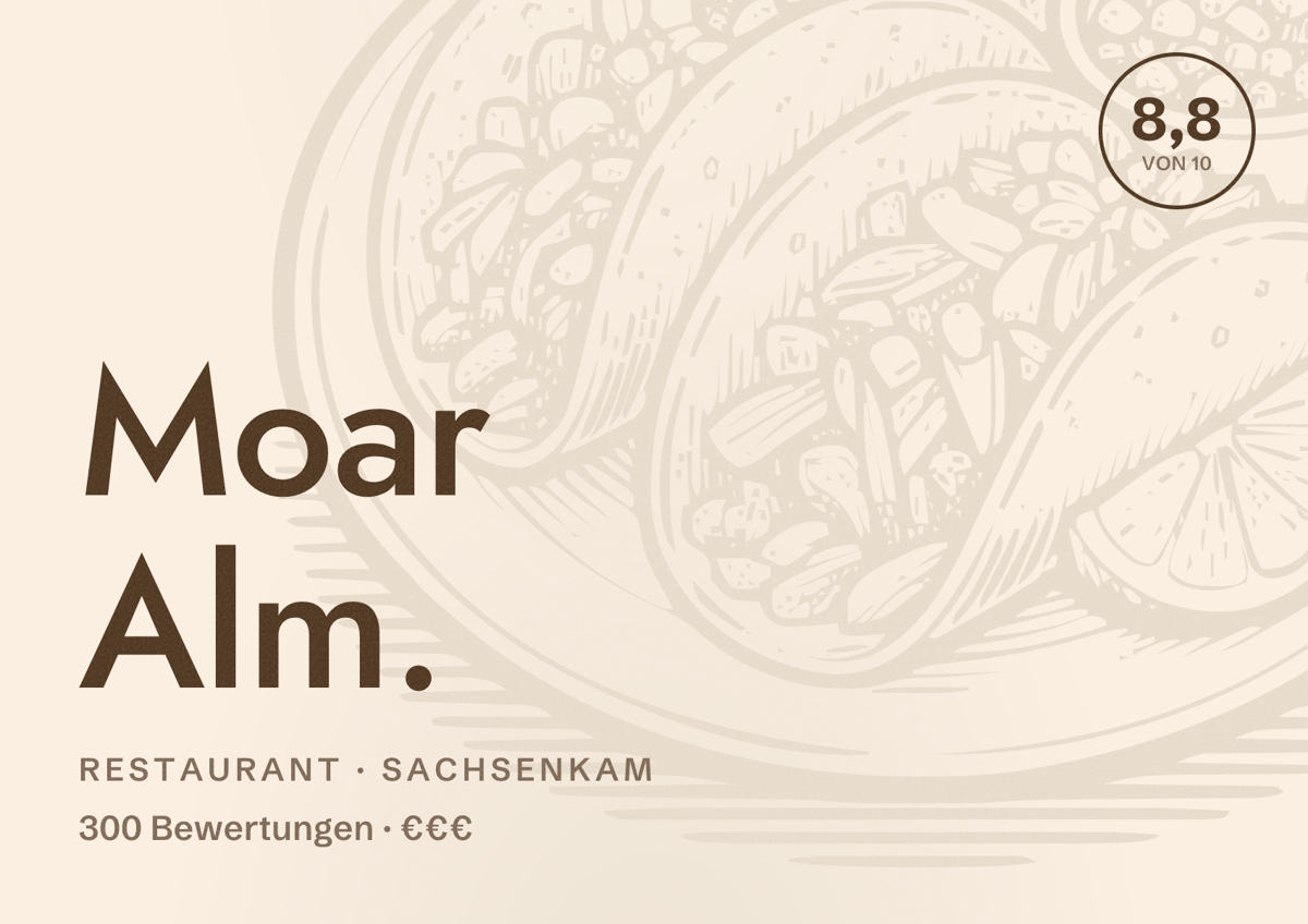 Illustriertes Poster von Moar Alm., Restaurant in Sachsenkam: Bewertung 8,8 von 10 aus 300 Bewertungen, Preisniveau €€€