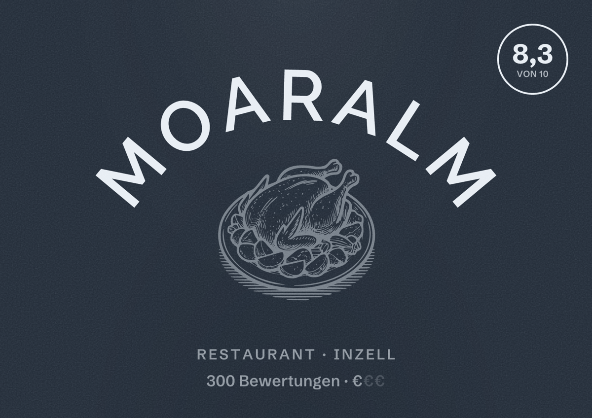 Illustriertes Poster von Moaralm, Restaurant in Inzell: Bewertung 8,3 von 10 aus 300 Bewertungen, Preisniveau €