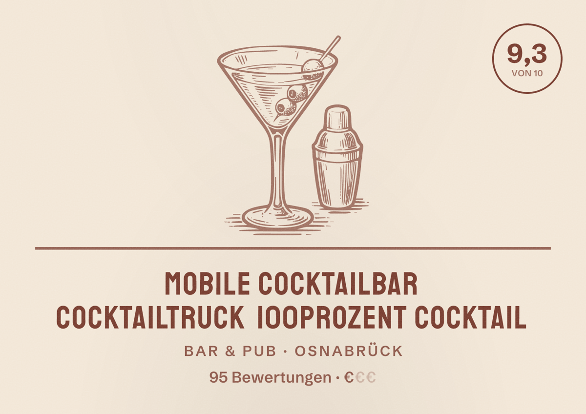 Illustriertes Poster von Mobile Cocktailbar Cocktailtruck 100prozent Cocktail, Bar & Pub in Osnabrück: Bewertung 9,3 von 10 aus 95 Bewertungen, Preisniveau €