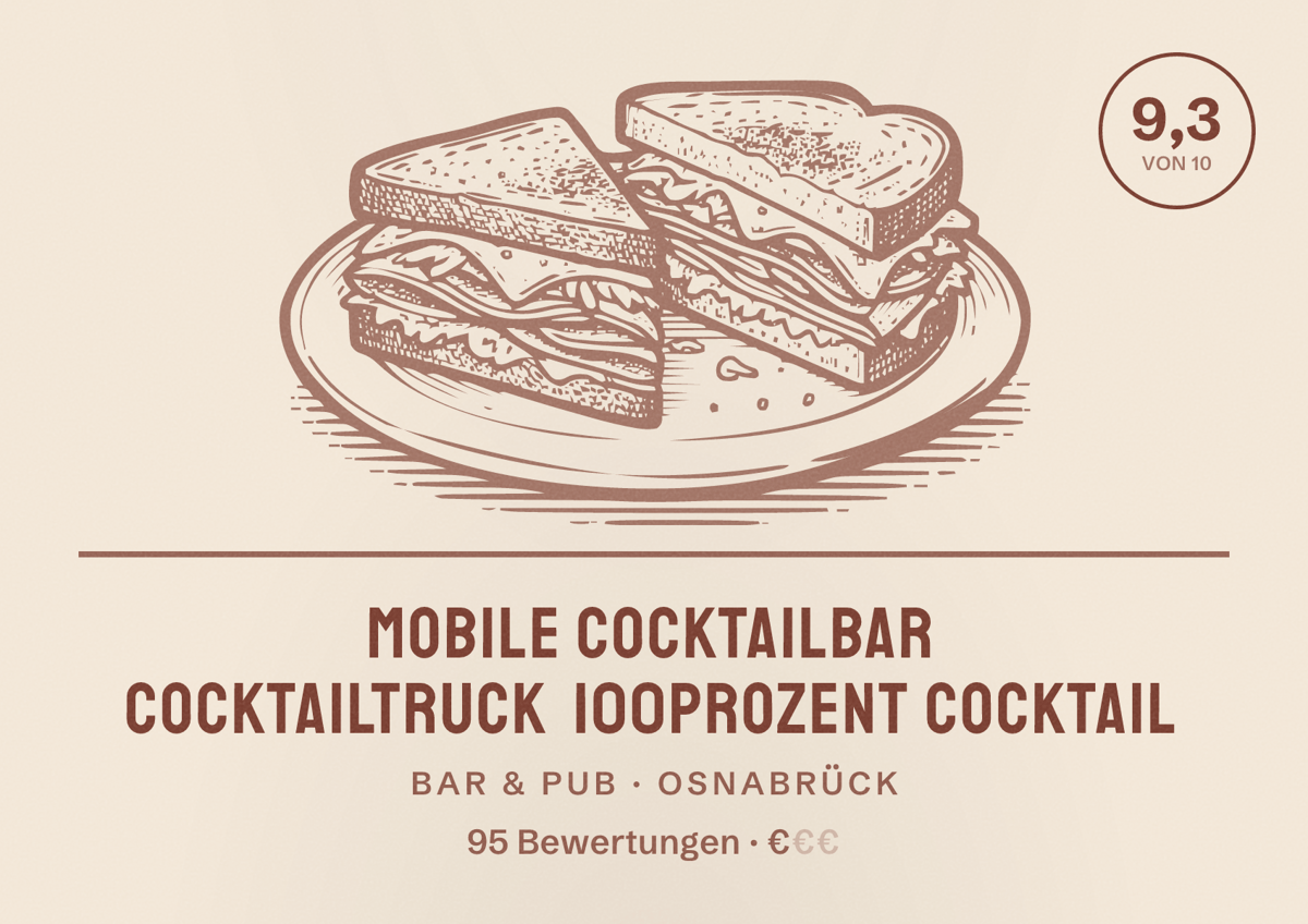 Illustriertes Poster von Mobile Cocktailbar Cocktailtruck 100prozent Cocktail, Bar & Pub in Osnabrück: Bewertung 9,3 von 10 aus 95 Bewertungen, Preisniveau €
