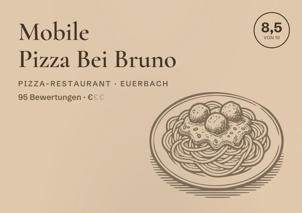Illustriertes Poster von Mobile Pizza Bei Bruno, Pizza-Restaurant in Euerbach: Bewertung 8,5 von 10 aus 95 Bewertungen, Preisniveau €