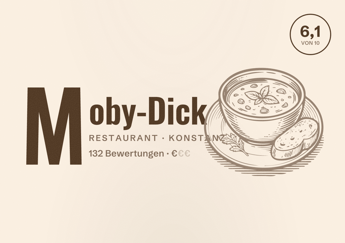 Illustriertes Poster von Moby-Dick, Restaurant in Konstanz: Bewertung 6,1 von 10 aus 132 Bewertungen, Preisniveau €