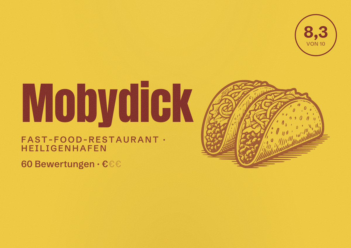 Illustriertes Poster von Mobydick, Fast-Food-Restaurant in Heiligenhafen: Bewertung 8,3 von 10 aus 60 Bewertungen, Preisniveau €