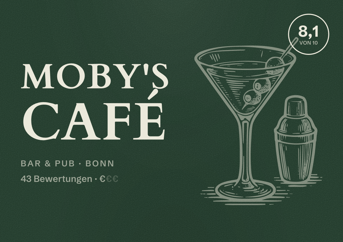 Illustriertes Poster von Moby's Café, Bar & Pub in Bonn: Bewertung 8,1 von 10 aus 43 Bewertungen, Preisniveau €