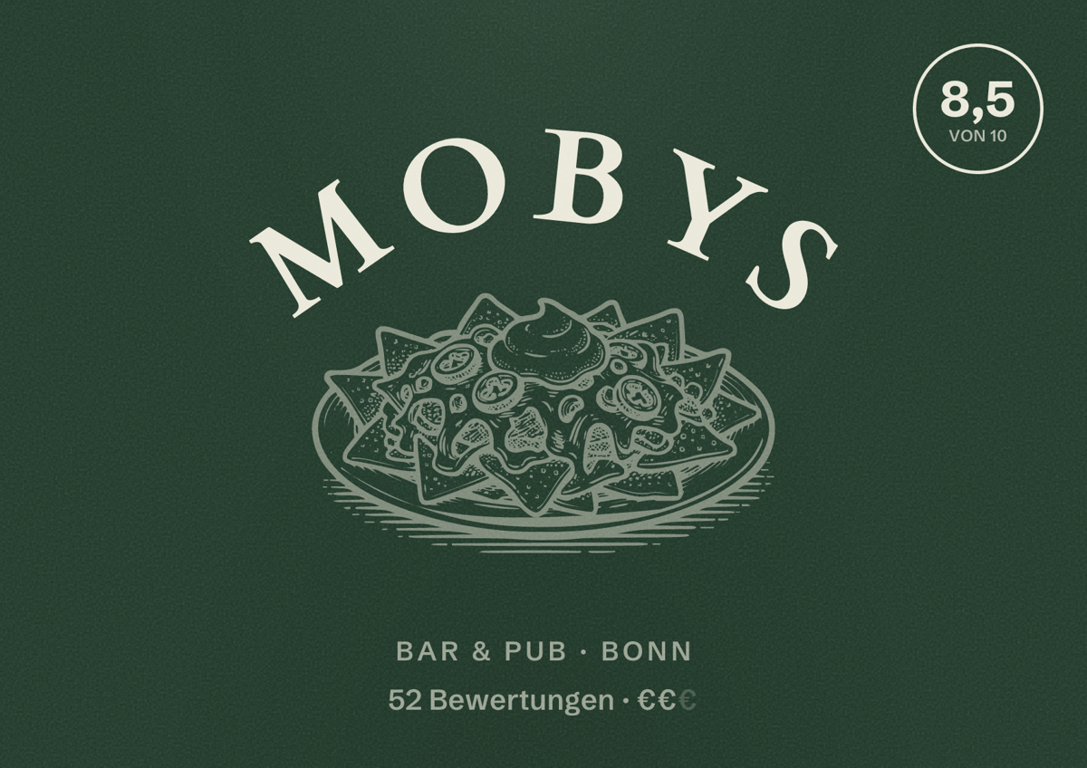 Illustriertes Poster von Mobys, Bar & Pub in Bonn: Bewertung 8,5 von 10 aus 52 Bewertungen, Preisniveau €€