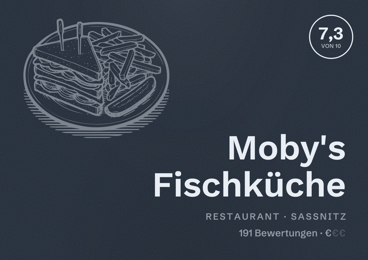 Illustriertes Poster von Moby's Fischküche, Restaurant in Sassnitz: Bewertung 7,3 von 10 aus 191 Bewertungen, Preisniveau €